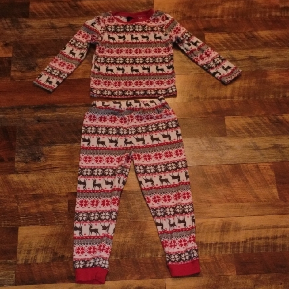 Festive Reindeer Kids Pajama Set - Red and White